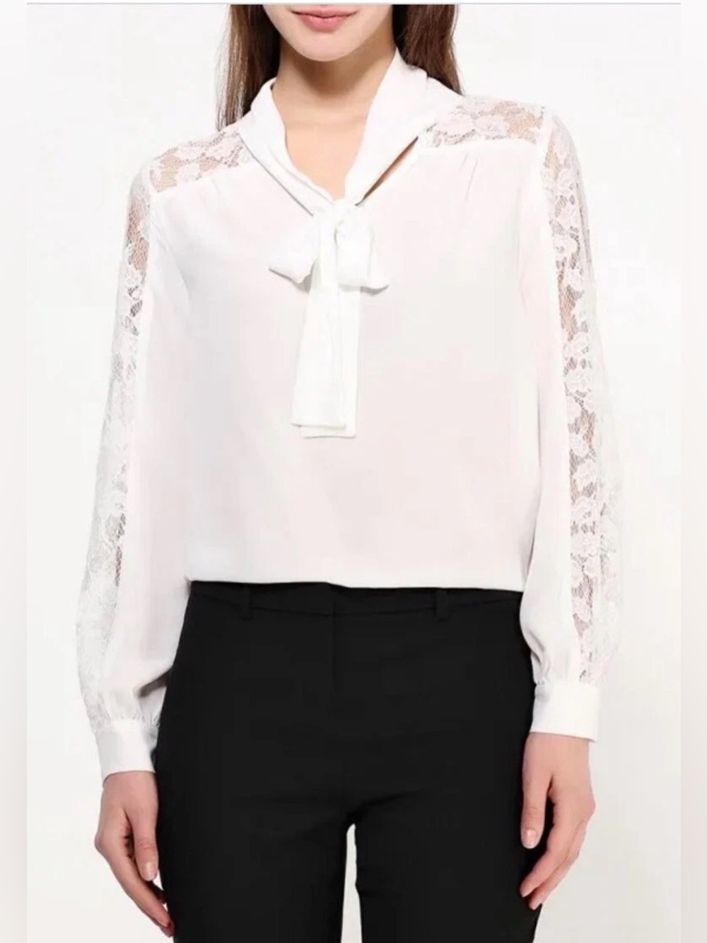 Dorothy Perkins Women’s Tie Neck White Chiffon Blouse Lace Details Size 4 NWT